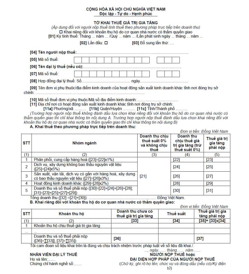 Đăng ký phương pháp tính thuế GTGT